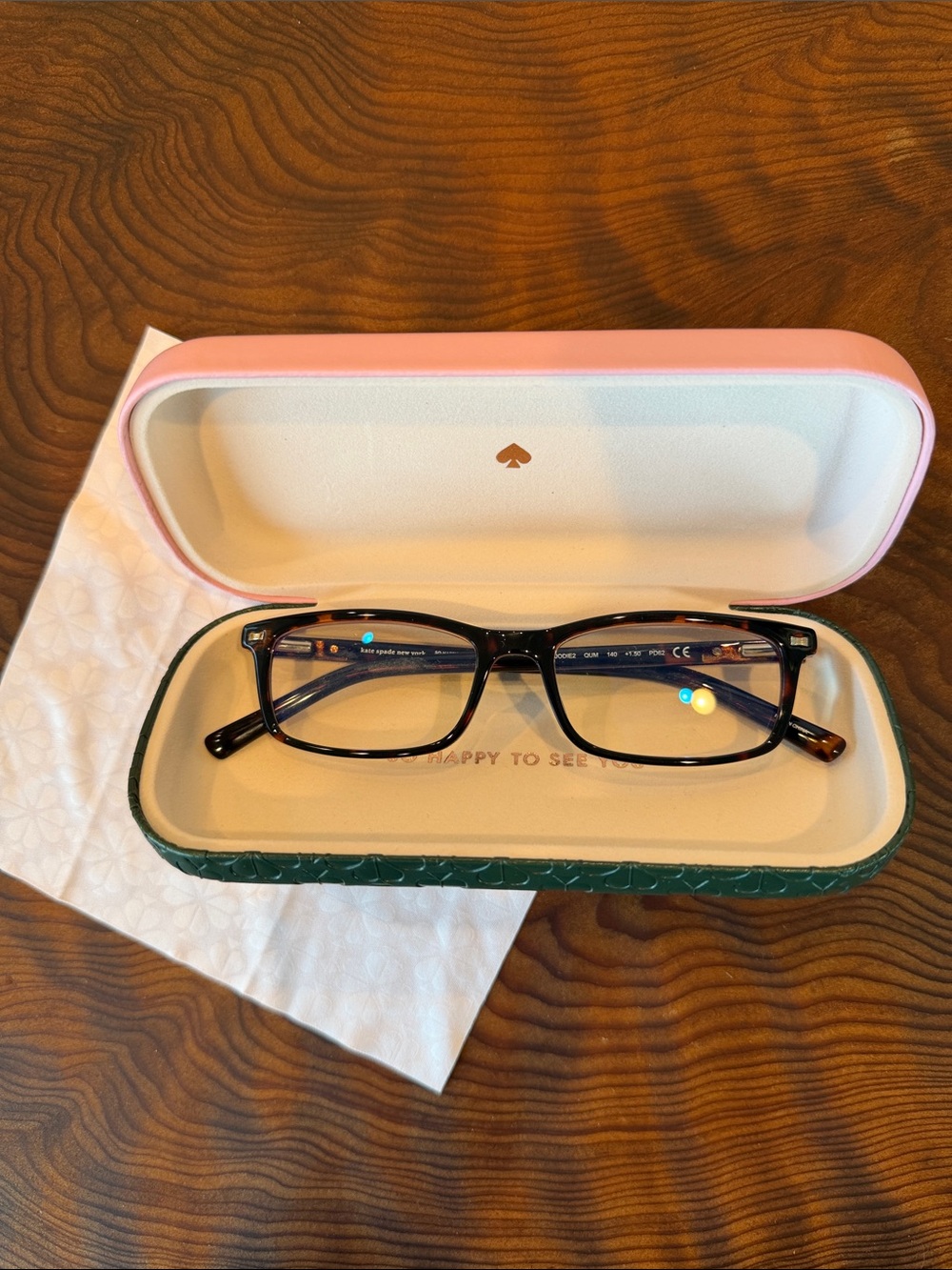kate spade Black Tortoiseshell Rectangle Eyeglasses with Pink & Green Case